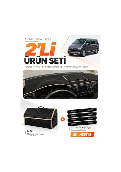Volkswagen Transporter T6 Kapaklı 2015-2020 Uyumlu Torpido Örtüsü + Deri Çanta Seti - Siyah Bej