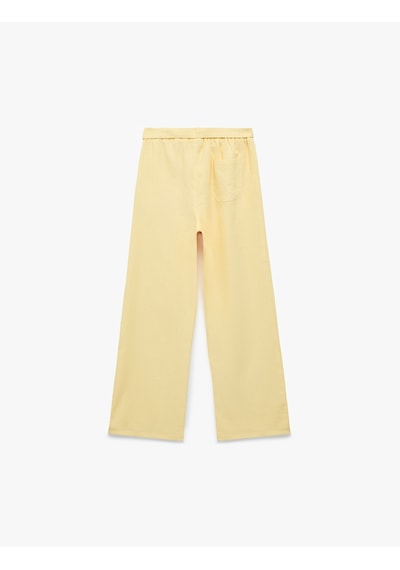 Koton Beli Bağlamalı Keten Ve Viskon Karışımlı Geniş Paça Pantolon Sarı 6skg40093aw