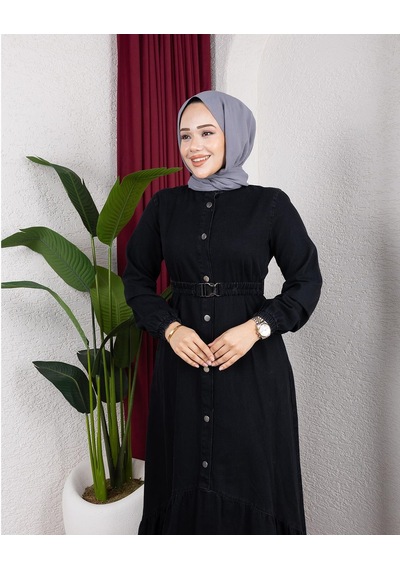 Hb Harma Time Butik Kadın Düğmeli Kuşaklı Denim Siyah Kot Elbise