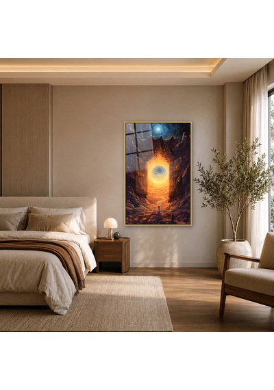 Kozmik Kapıdan Yayılan Altın Işık Gold Çerçeveli Cam Tablo