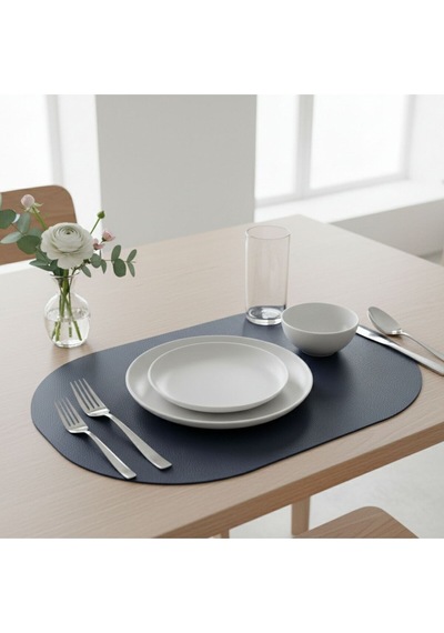 6 Kişilik 12 Parça Lacivert Tam Oval Deri Amerikan Servis Supla 33x44 Cm-kolay Silinir Supla