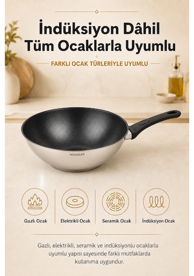 28 Cm Seramik İç Yüzeyli İndüksiyon Uyumlu Paslanmaz Çelik Wok Tava Gümüş