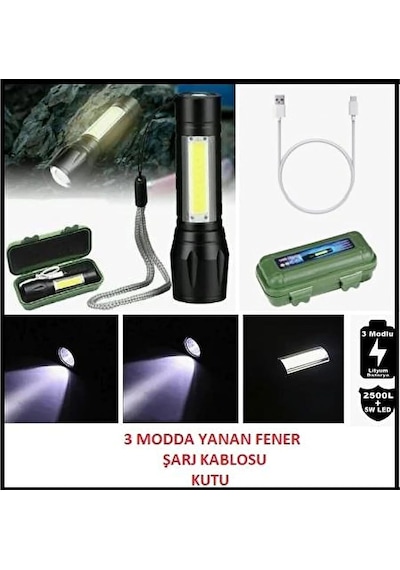 Promosyonca Şarjlı El Feneri, 2000 Lümen, 6 Işık Modlu, Metal Kasa, Zoom Özellikli, Type-c Şarj, Suya Dayanıklı