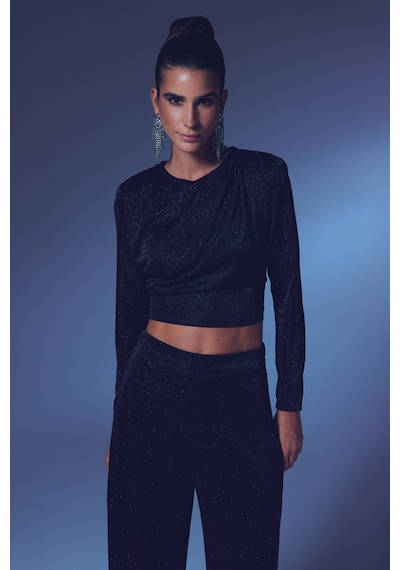 Sateen Vatkalı Simli Bluz - Siyah-135321 Siyah