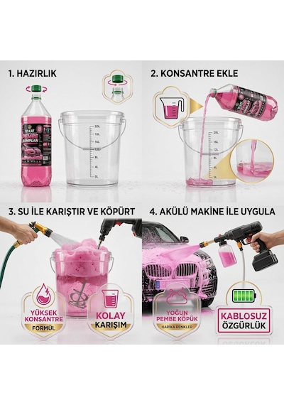 Akgüneş Motogaraj Konsantre Pembe Oto Şampuanı 2 Litre - 1/10 Sulandırılabilir Yüksek Köpüklü Araç Yıkama Cilası Yerli Üretim