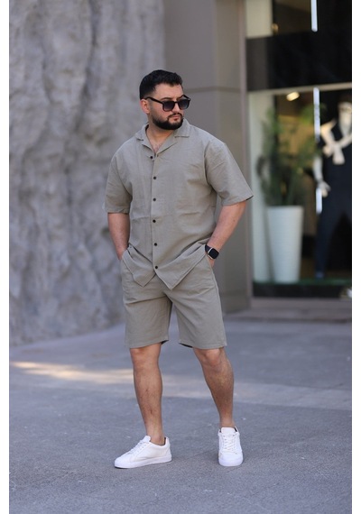 Çağla Yeşili Renk Gömlek Şort Erkek Keten Takım Oversize Kalıp