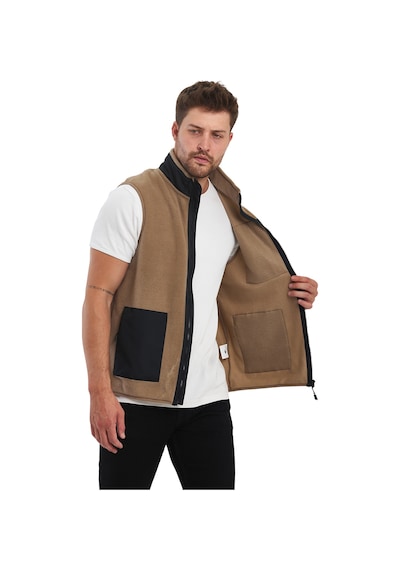 Adams Erkek Polar Kolsuz Çift Renk Yelek 3 Cepli Comfort Fit Kahverengi