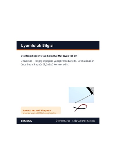Trobus Oto Bagaj Spoiler Çıtası Kalın Düz Mat Siyah 135 Cm