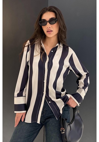 Seeh Lacivert Çizgili Oversize Kadın Gömlek Sh266 Çok Renkli