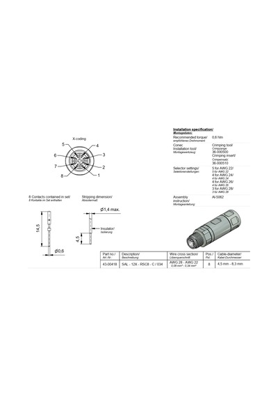M12 8 Pin X Kod Erkek Düz Konnektör Conec 43-00418