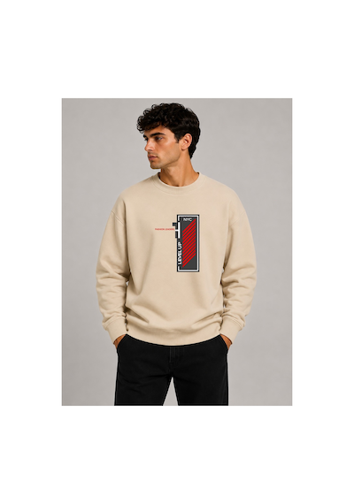 Herkesemoda Level Up Desen Baskılı Bisiklet Yaka Şardonlu 2 İplik Sweatshirt Bej