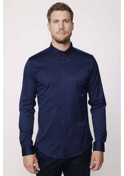 Tudors Slim Fit Likralı Düz Pamuk Saten Erkek Lacivert Gömlek-27442-lacivert Lacivert