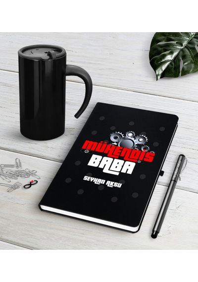 Kişiye Özel Mühendis Baba Siyah Defter Kalem Termos Mug Seti-1 Siyah