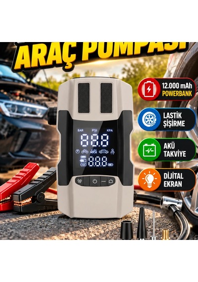 12.000 Mah Akü Takviye Ve Lastik Şişirme Cihazı Powerbank Ve Dijital Ekran