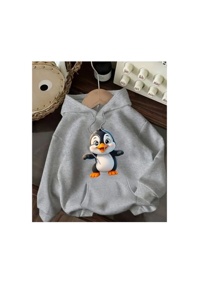 Herkesemoda Sevimli Penguen Baskı Detaylı Kapüşonlu Sweatshırt Gri Gri