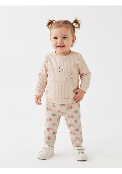 HelloBaby Pamuklu Kelebek Detaylı Taytlı 2li Kız Bebek Takım Krem