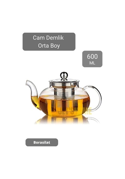 Cam Demlik Çelik Süzgeçli Demlik Isıya Dayanıklı Bitki Çayı Demliği Borosilat 600 Ml Gri