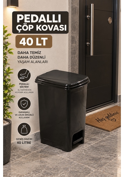 Porsima 0122-1 Slim Pedallı Çöp Kovası 40 Lt Siyah Taşınabilir Taşıma Kulplu Büyük Boy Mutfak Çöp Kovası