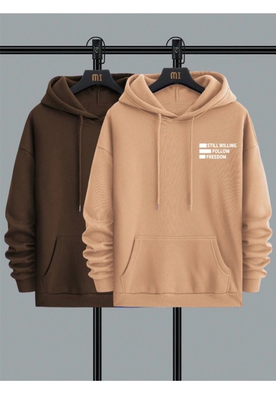 Startmore Kahverengi 2'li Still Freedom Kalın Kışlık Sweatshirt - Baskılı Oversize