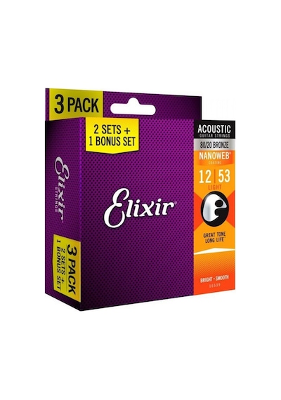 Elixir 16539 Nanoweb Bronze 3'Lü Akustik Gitar Teli 12-53