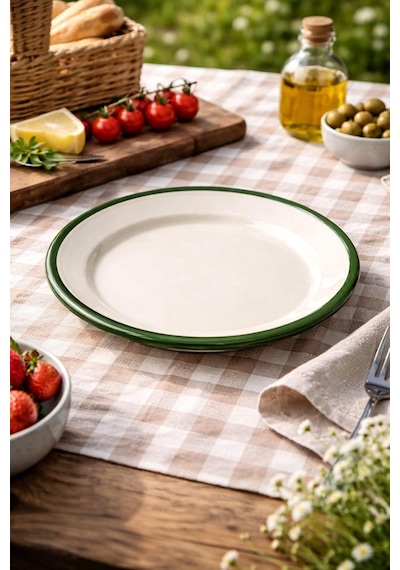4'lü Emaye Servis Tabağı Seti - 25 Cm Krem Renkli Yeşil Kenarlı Yemek Tabağı Takımı - Retro Nos Krem Yesil