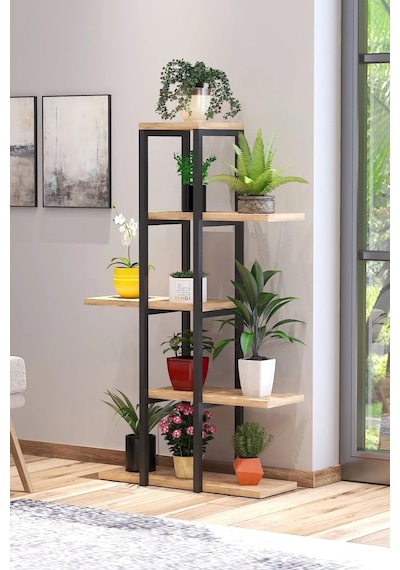 Modern Tasarımlı 5 Raflı Saksılık Metal Çiçek Rafı Çiçeklik Atlantik Çam