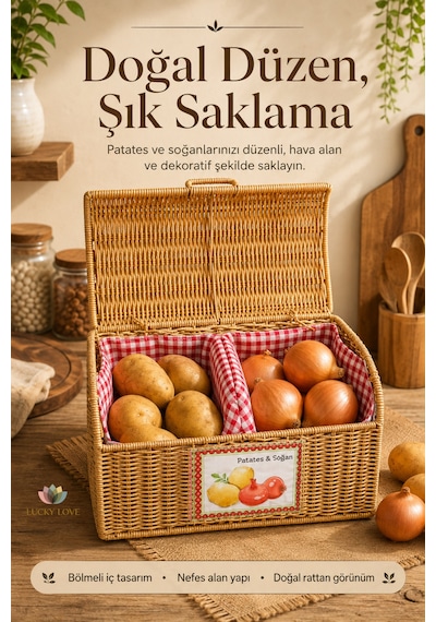 Rattan Bölmeli Patates Soğanlık Kapaklı Mutfak Saklama Sepeti Çıkarılabilir Astarlı Bej