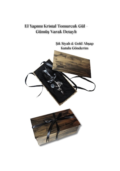 El Yapımı Kristal Tomurcuk Gül Gümüş Varak Detaylı