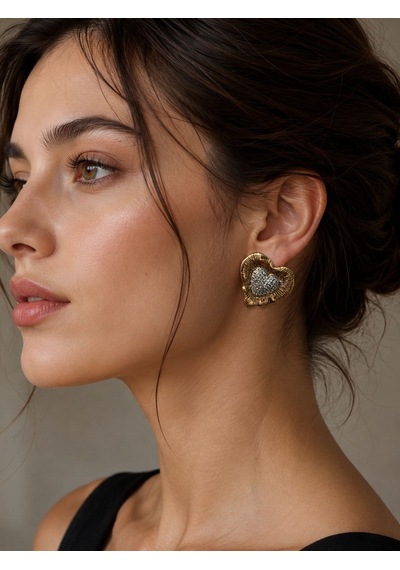 Taşlı Kalp Küpe-624 Gold