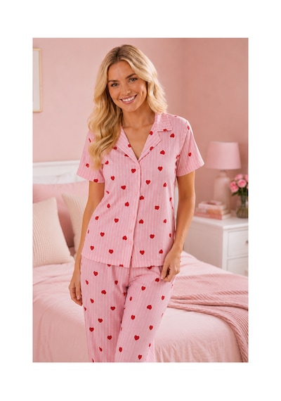 Fit Women Çizgili Kalp Desenli Bürümcük Kumaş Pijama Takımı 4643-pembe