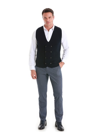 Hatemoğlu Lacivert Regular Fit Düz Kruvaze Triko Yelek 34171023a001 005