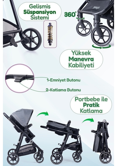Prego Stein Çift Yönlü Portbebeli Travel Sistem Bebek Arabası Uv Tenteli