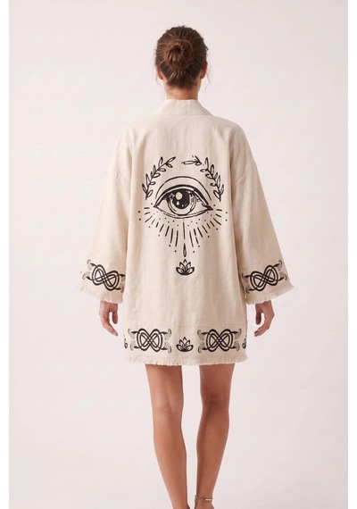 Rovebella Mistico Keten Dokulu Kısa Kimono Krem