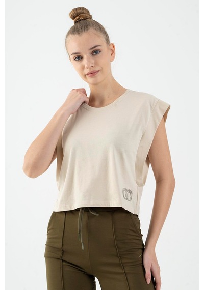 Maraton Regular Kadın Bisiklet Yaka Kil Rengi Crop Top Kil Rengi