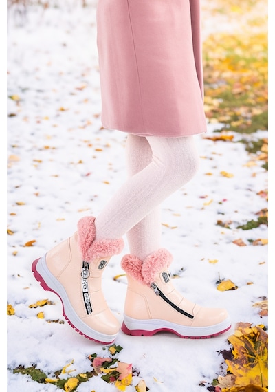 Kiko Kids 250 Rugan Çatlak Fermuarlı Kız Çocuk Bot Ayakkabı Pudra