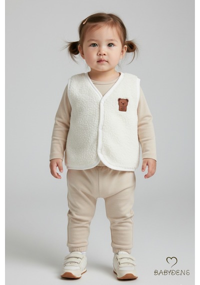 Babyden's Welsoft Kız Bebek Çocuk Çıtçıtlı Yelek Yumuşak Dokulu,ayıcık Armalı,peluş Bebek Yeleği Ekru