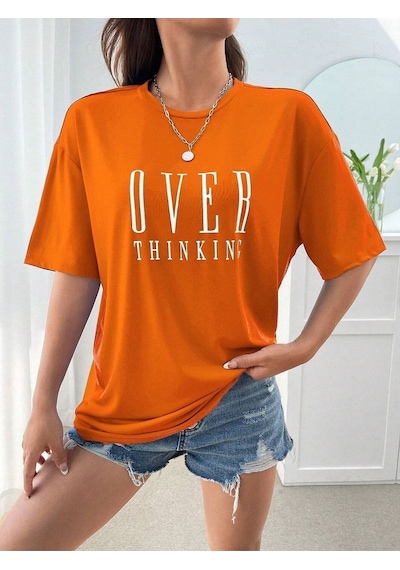 Over Thinking T-shirt - Turuncu Baskılı Oversize Bisiklet Yaka Kısa Kol Tişört Turuncu