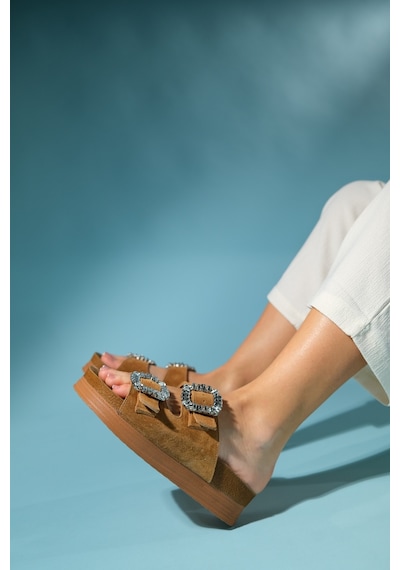 Luvishoes Polacca Taba Süet Taşlı Çift Bantlı Hakiki Deri Kadın Kalın Tabanlı Terlik Taba
