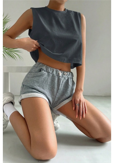 Antrasit %100 Pamuk Basic Bisiklet Yaka Süprem Kolsuz T-shirt Gri