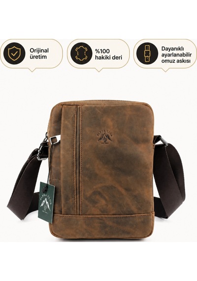 Alphaclub Bag Erkek Crazy Bej Hakiki Deri Postacı El Ve Omuz Çantası Orta Boy Model 002