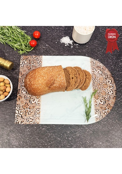 Kanallı Cam Kesme Tahtası - Arabesk Desen - Kenarı Oval - 25x35cm