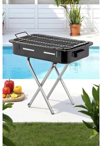 Büyük Boy Xl Premium Seri Kalın Emaye Mangal Katlanır Ayaklı 1. Sınıf Paslanmaz Mangal 62 X 35cm Siyah