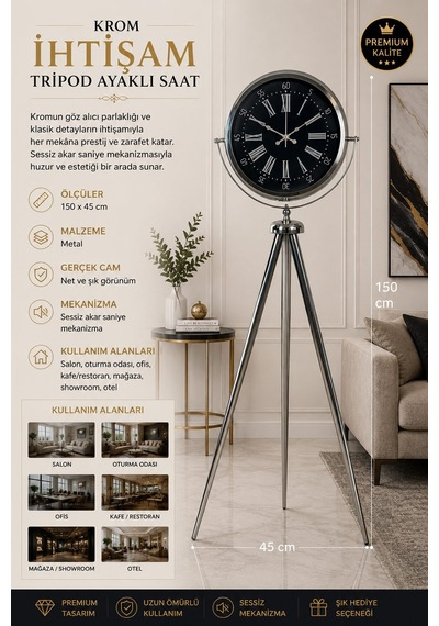 Krom İhtişam 150 X 45 Cm Metal Tripod Ayaklı Saat