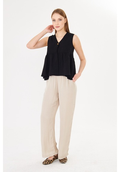 Sortie Collection V Yaka Tek Düğmeli Peplum Siyah Keten Bluz