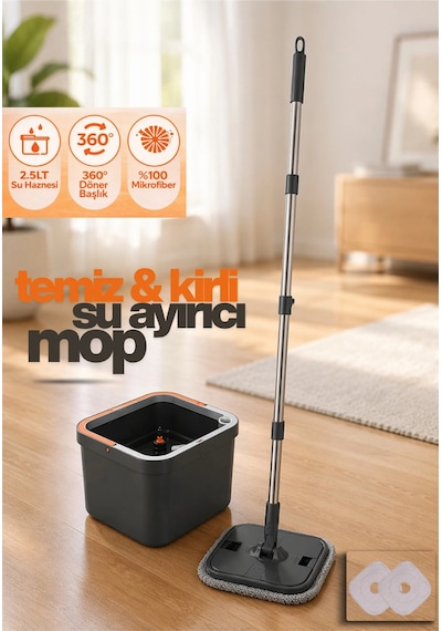 Temiz Ve Kirli Suyu Ayıran Mop Seti 360 Derece Döner Mikrofiber Mop Başlığı, Paspas Seti Otomatik