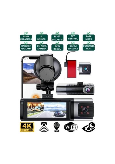 K17 Araç İçi Kamera Ekranlı 4k Uhd Ön-arka-iç Kamera Gece Görüş, Çift Lens Dashcam Kayıt - G6r