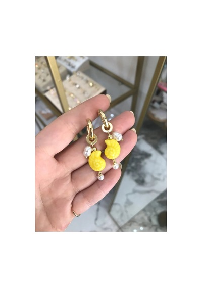 Deniz Kabuğu Ve İncili Küpe Sarı
