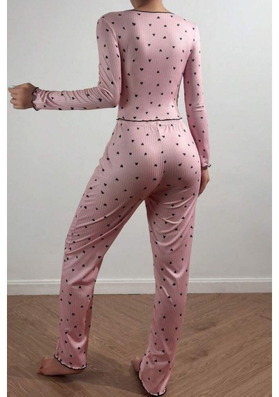 Bella Notte V Yaka Baskılı Fiyonk Detaylı Uzun Pijama Takımı Siyah