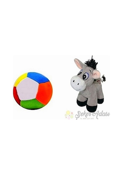 Peluş Küçük Yavru Eşek 15 Cm Ve Peluş Top 12 Cm - 2 Ürün 1 Arada Oyuncak Gri
