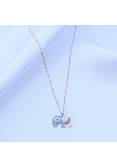 Açık Mavi Mine İşli Rose Gold Kaplama Bereket Fili Gümüş Kolye Gümüş